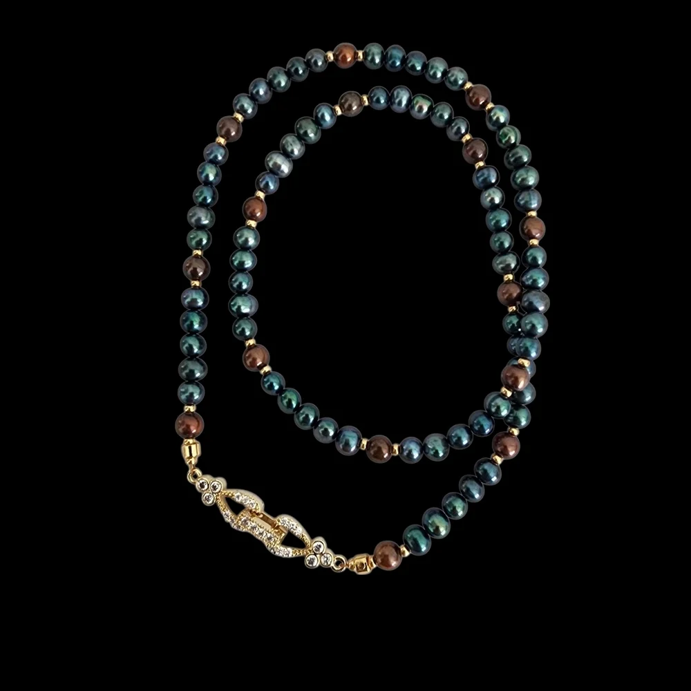 Vintage pearl necklace gold filigree clasp blue brown baby pearls A0215 -Q5 -Q2
